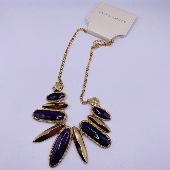 Laura Ashley Jewelry - Laura Ashley Purple Goldtone Long Bead Bib Necklace 14” New